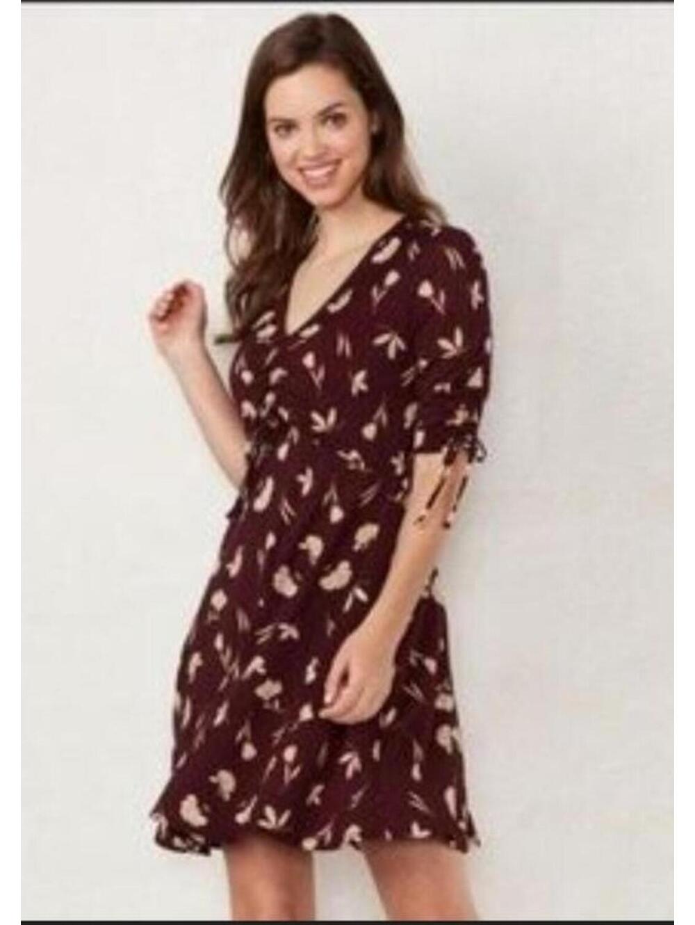 LC Lauren Conrad Floral Fit & Flare Midi Dress Burgundy Cream Size Medium
